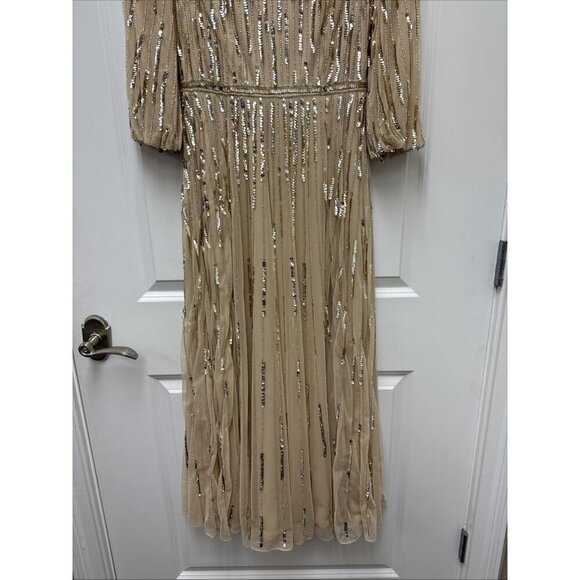Mac Duggal Size 6 Beige 93889 Beaded Sequin High Neck Midi Cocktail Dress New - Picture 6 of 10